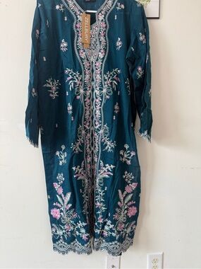 Teal Long Sleeve Embroidered Dress